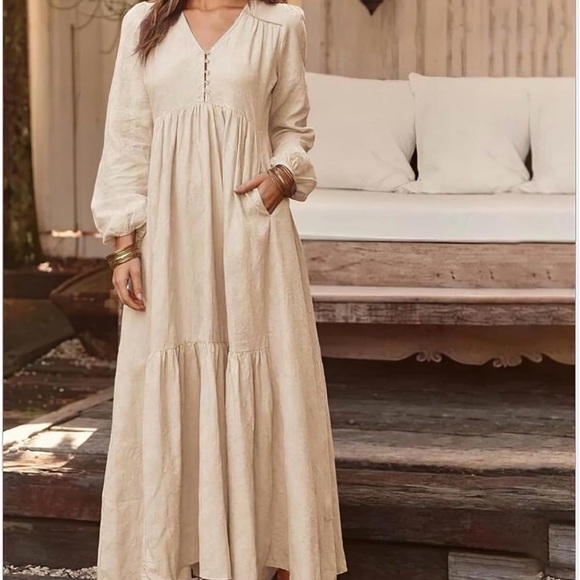 Dresses & Skirts - Boho Long Sleeve Maxi Dress in Beige